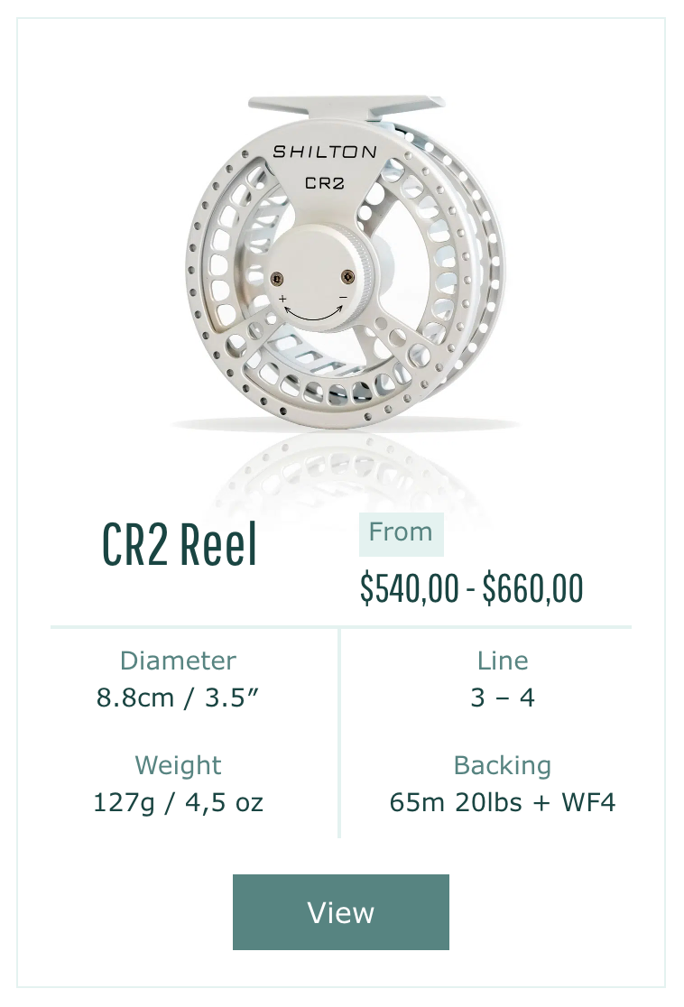 Shilton CR2 reel with pricing and specifications on a white background