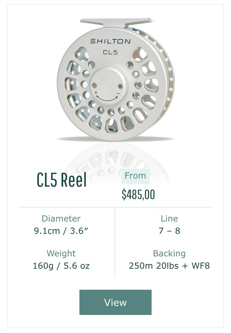 Shilton CL5 fishing reel with specifications on a white background