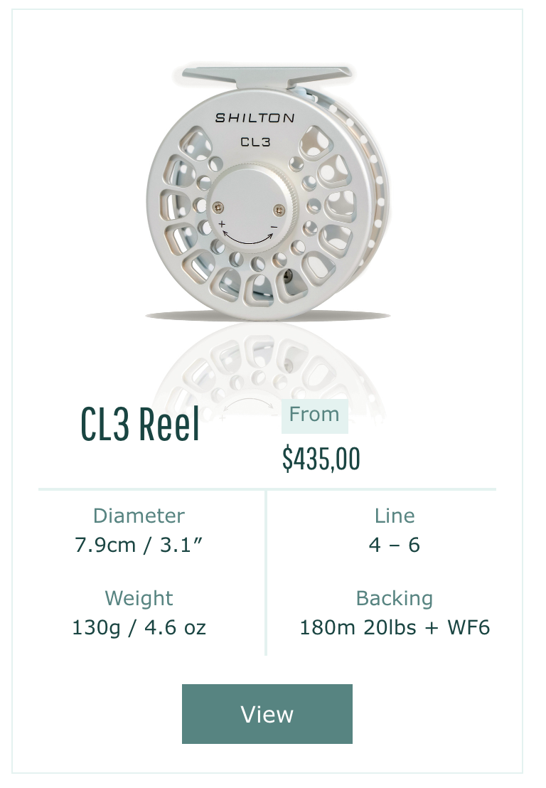 Shilton CL3 fishing reel with product details on a white background