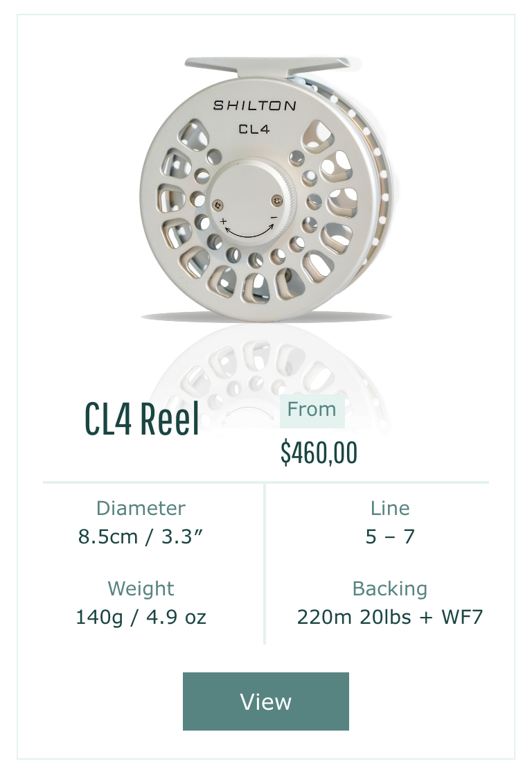 Shilton CL4 fishing reel with product details on a white background