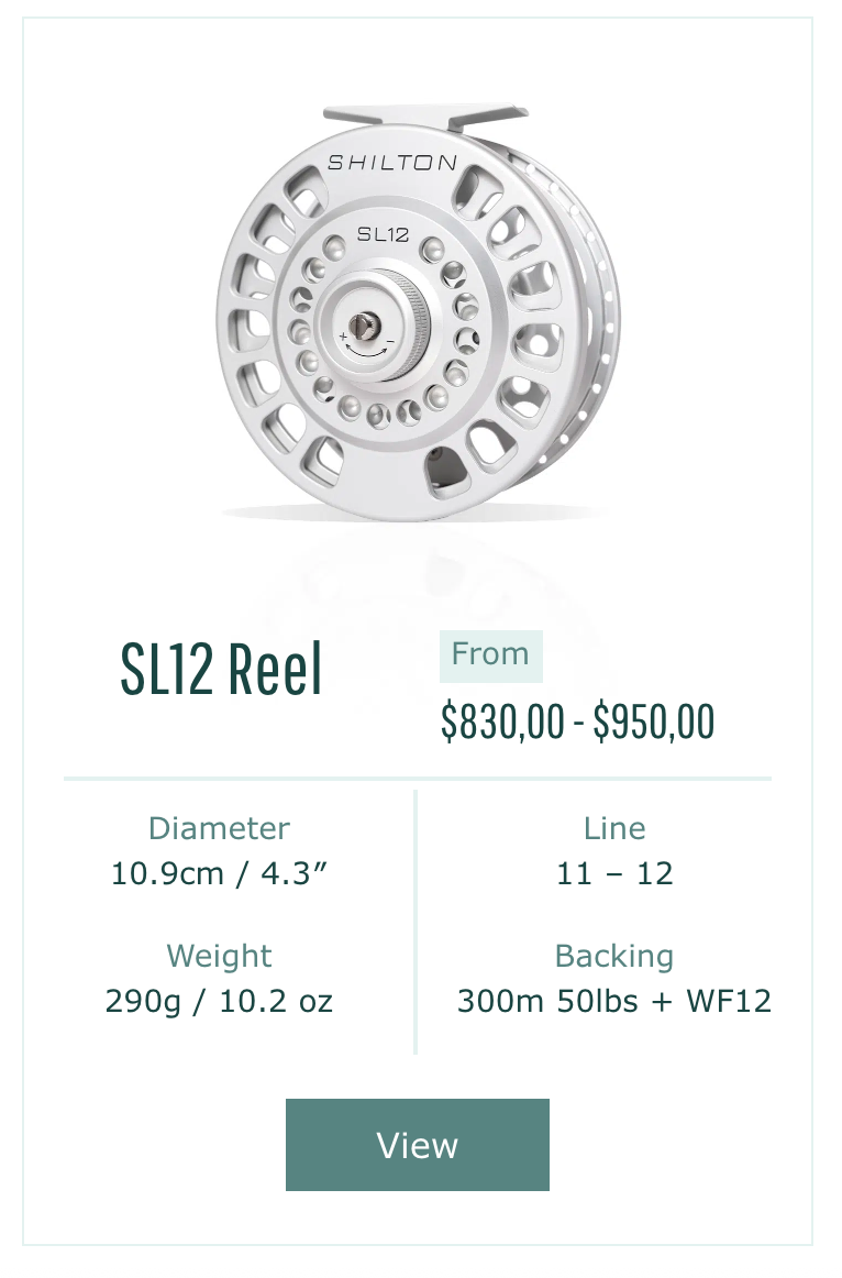 Shilton SL12 Fishing reel with specifications and price range on a white background