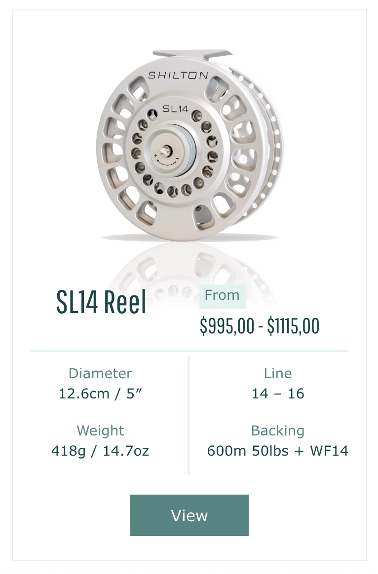 Shilton SL14 reel with pricing and specifications on a white background
