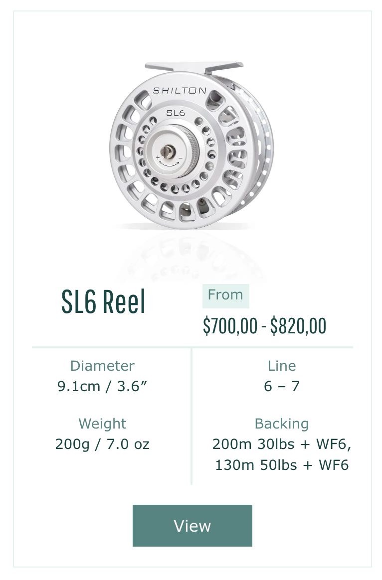 Shilton SL6 fishing reel with specifications and price range on a white background