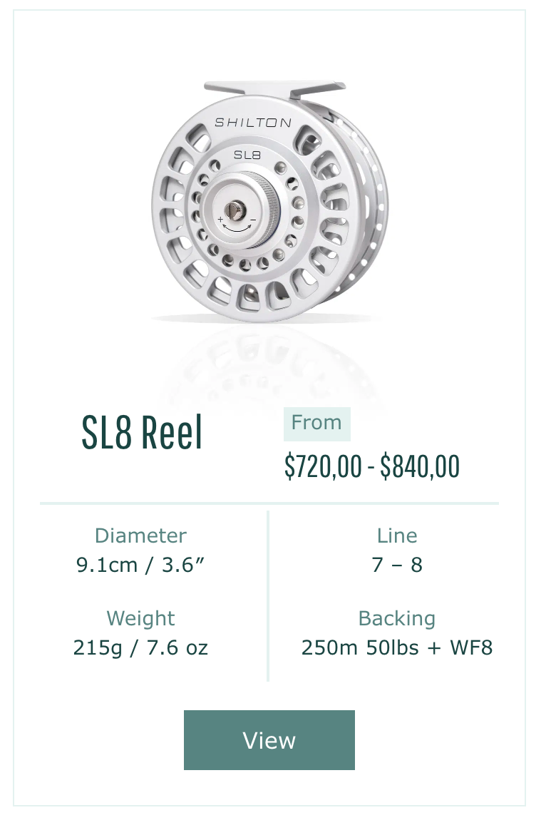 Shilton SL8 reel with pricing and specifications on a white background