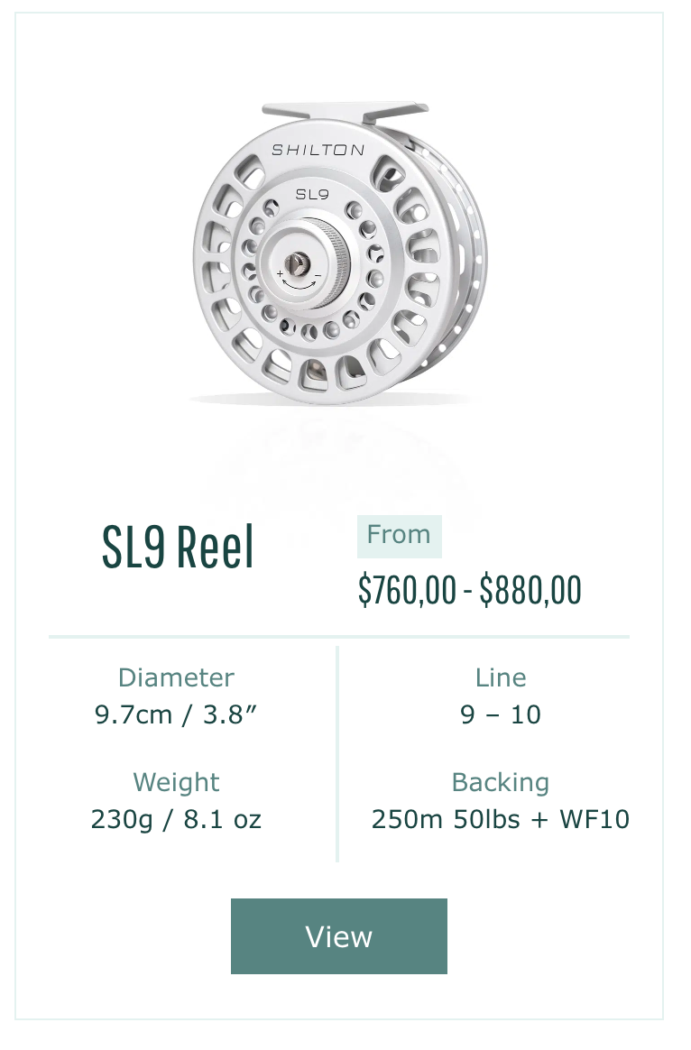 Shilton SL9 reel with pricing and specifications on a white background