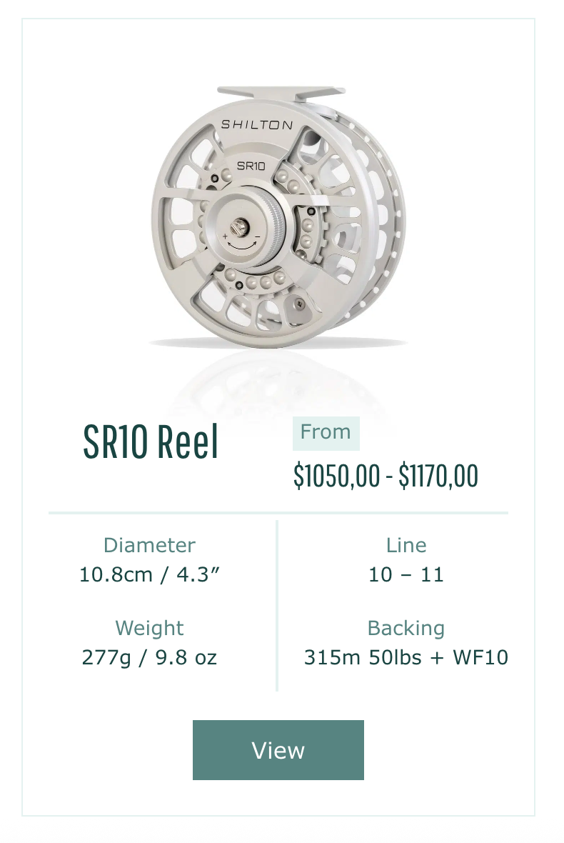 Shilton SR10 fishing reel with specifications on a white background